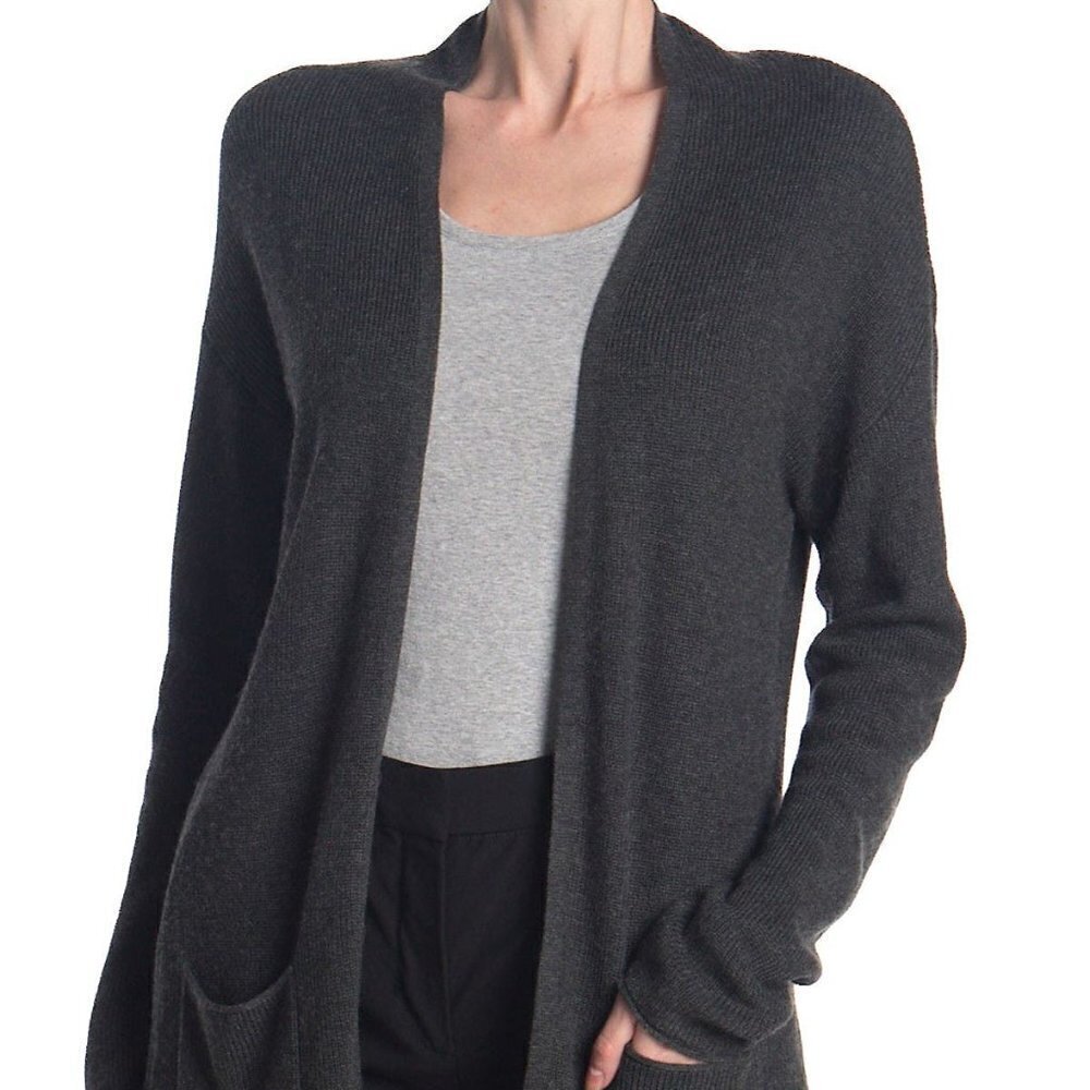 T Tahari BNWOT ribbed gray open cardigan NEW front pockets cashmere